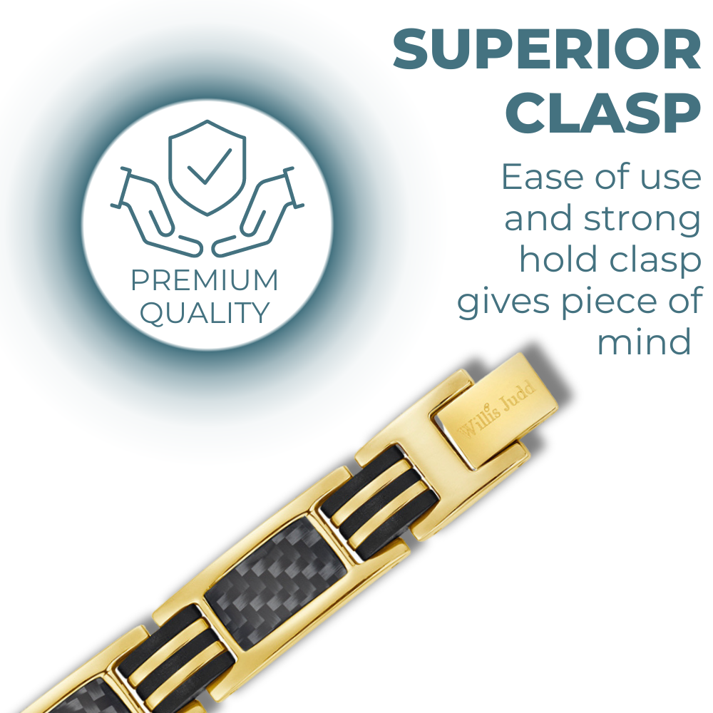 Mens Magnetic Therapy Bracelet- Gold Titanium with Black Carbon Fibre