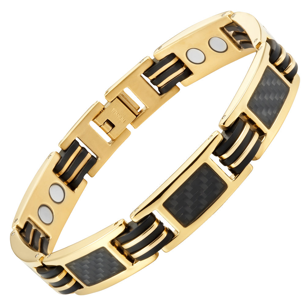 Mens Magnetic Therapy Bracelet- Gold Titanium with Black Carbon Fibre
